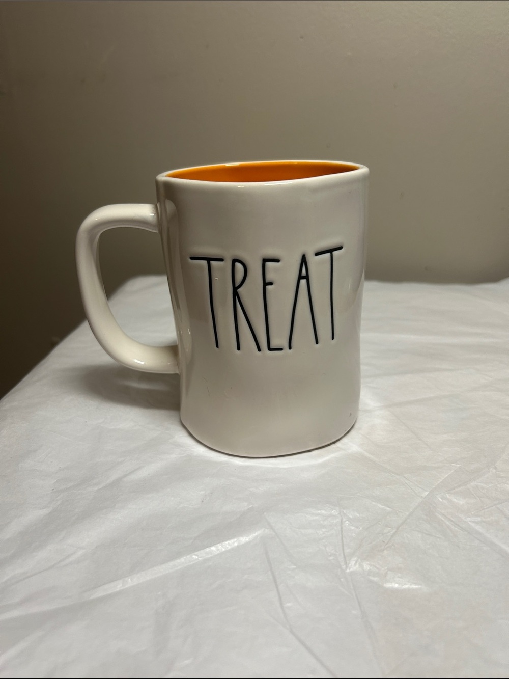 Rae Dunn Trick / Treat white with black lettering & orange inside